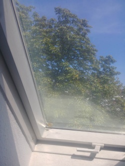 Mittel verspiegelte Sonnenschutzfolie auf einem geschlossenen Dachfenster - Innenansicht