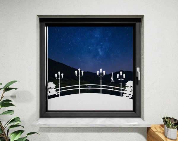 Glasdekor für Fenster, Flussbrücke