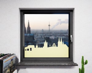 Glasdekor Skyline Köln pastell gelb matt
