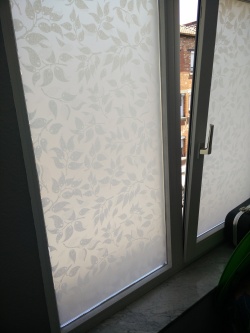 Sichtschutzfolie weiße Blätter auf weißem Grund am Fenster angebracht