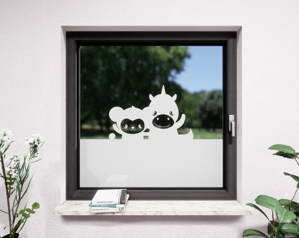 Glasdekor für Fenster, Affe und Einhorn