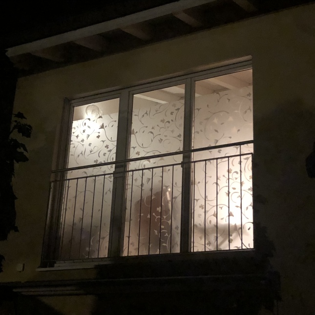 Kleberlose Folie matt mit weißen Blumen auf einem Badezimmerfenster angebracht in Außenansicht bei Nacht.