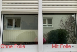 Vergleich von Fenster mit und ohne Spiegelfolie