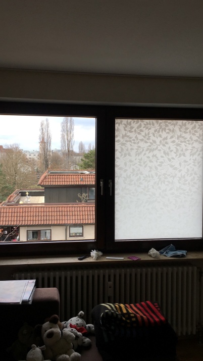 Sichtschutzfolie mit einem weißen Blätterdesign angebracht auf einem Fenster im Wohnzimmer