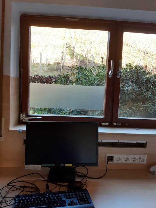 Matte Folie die teilbeklebt an einem Bürofenster als Sichtschutz dient