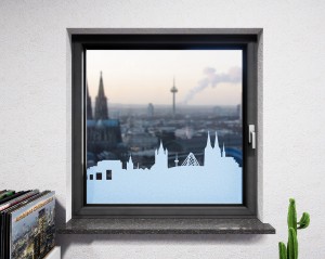 Glasdekor Skyline Köln pastell blau matt