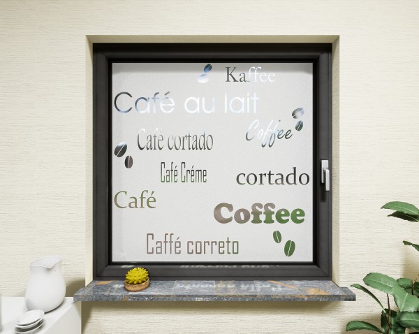 Glasdekor für Fenster, Schriftzug Kaffee