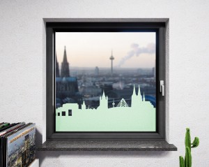 Glasdekor Skyline Köln pastell grün matt