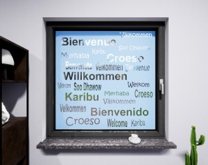 Glasdekor Schriftzug Willkommen pastell blau matt